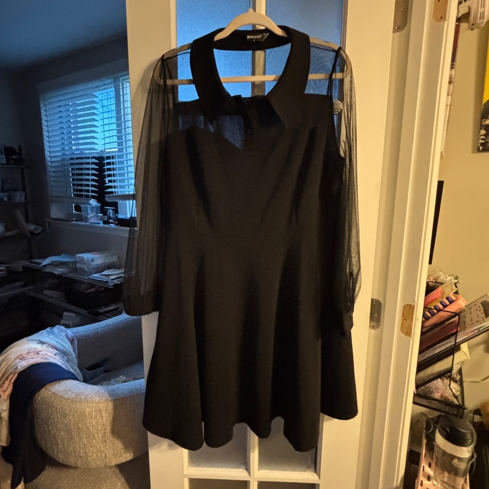 Allegra K Black Fit-and-Flare Dress with Sheer Long Sleeves